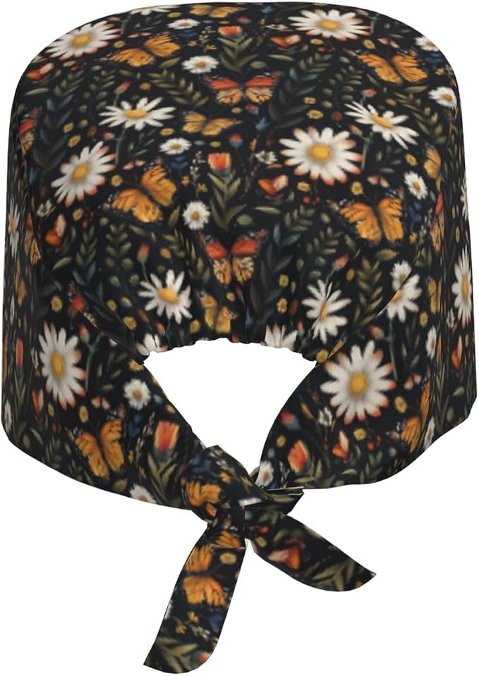 Scrub Cap for Women and Men Boho Black Leaf Pattern Adjustable Breathable - Image 8