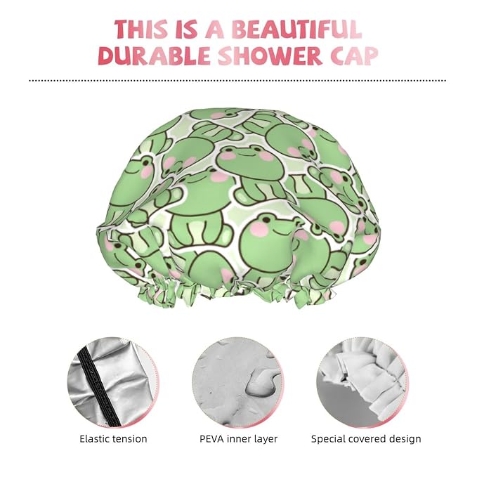 Cute Frogs Shower Cap For Women Reusable Waterproof Double Layers Bath Cap Hair - Image 4
