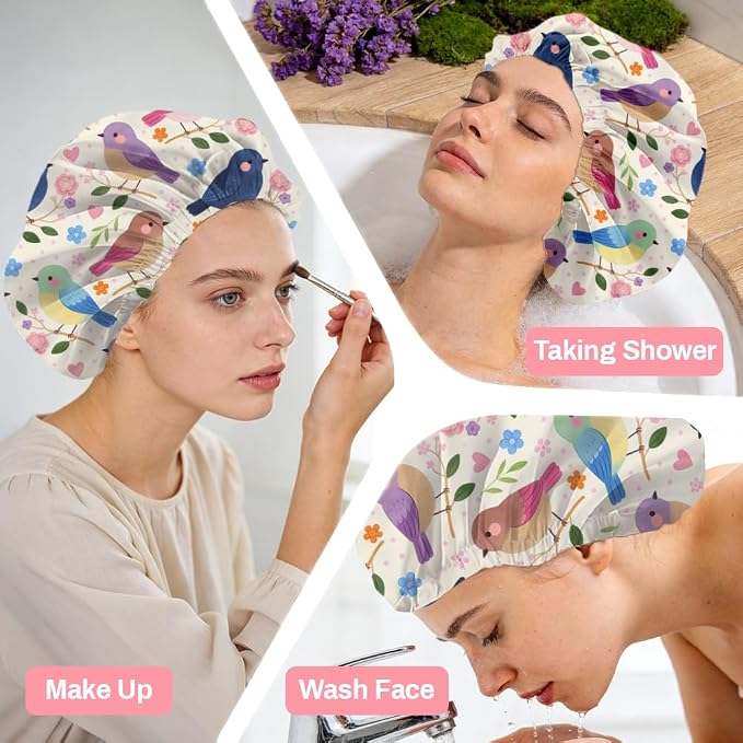Bohemian Birds Flowers Reusable Shower Cap Cute Double Layer Waterproof Shower - Image 6