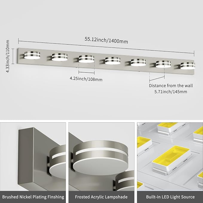 55.12inch Brushed Nickel Vanity Light Fixtures, 7 Light LED Bathroom Vanity - Image 5