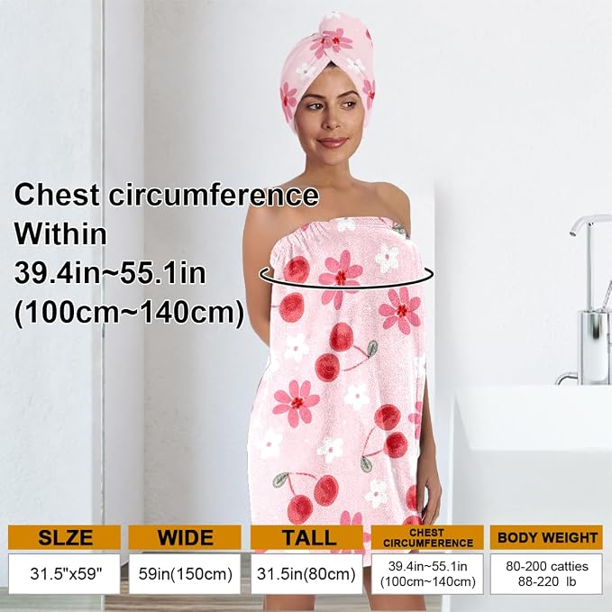 Cherry Blossom Bath Wrap with Hair Drying Towel – Soft Pink Microfiber Shower - Image 3