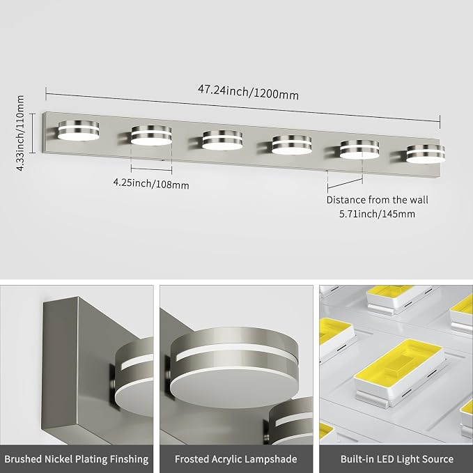 6-Light Nickel Bathroom Vanity Light Over Mirror, LED Vanity Lighting Fixtures - Image 5