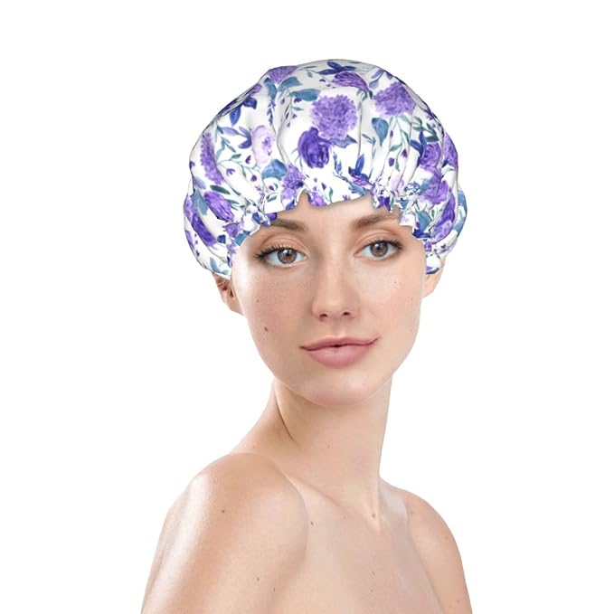 Violet Purple Rose Shower Cap For Women Adjustable Double Waterproof Layers - Image 3