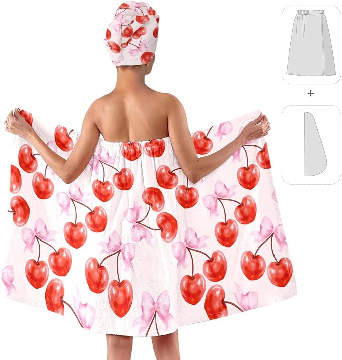 Women's Cherry Bow Towel Wrap and Hair Drying Cap Set – Pink Microfiber Shower - Image 4