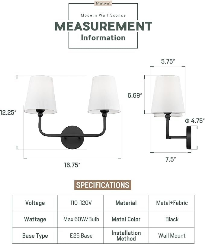 2-Light Bathroom Light Fixtures, Matte Black Vanity Lights, Double Wall Sconce - Image 2