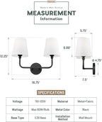 2-Light Bathroom Light Fixtures, Matte Black Vanity Lights, Double Wall Sconce - Image 2