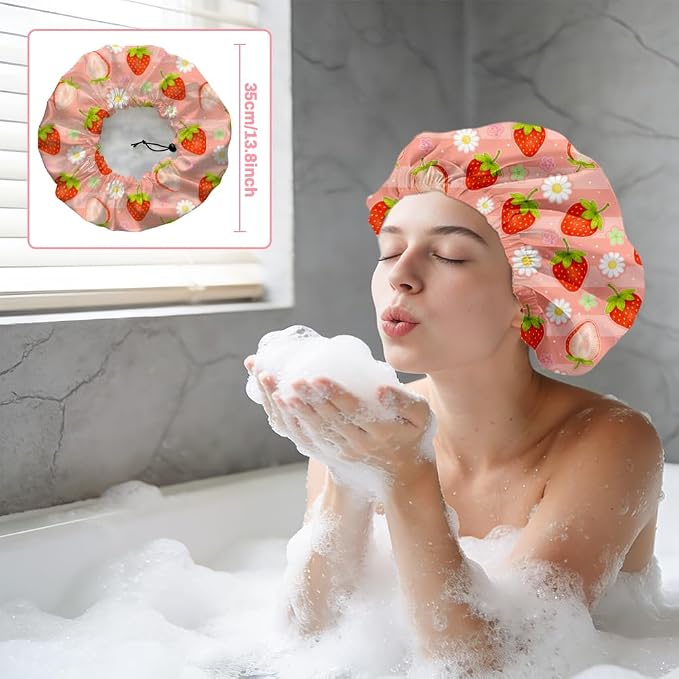 Strawberries Reusable Shower Cap Cute Fruit Double Layer Waterproof Shower Caps - Image 5