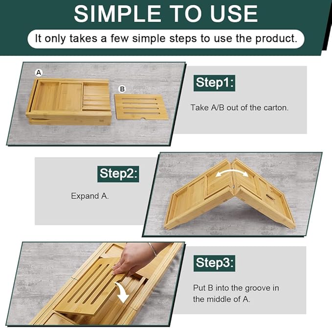BFTOU Bamboo Bathtub Tray Expandable Bath Table Tray Bathtub Caddy - Image 7