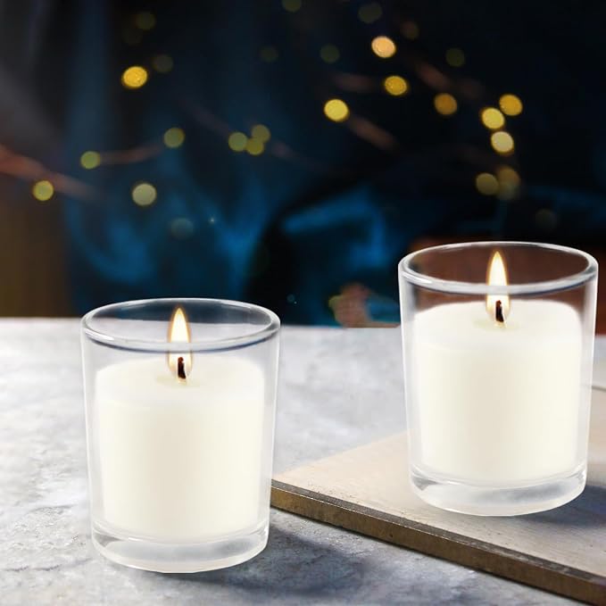 YOROXRG 48 Pack White Unscented Clear Glass Filled Votive Candles. Hand Poured - Image 6