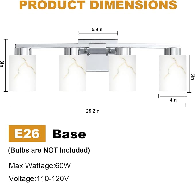 4-Light Bathroom Light Fixtures, Modern Vanity Lights, Chrome Metal Wall Lamp - Image 2