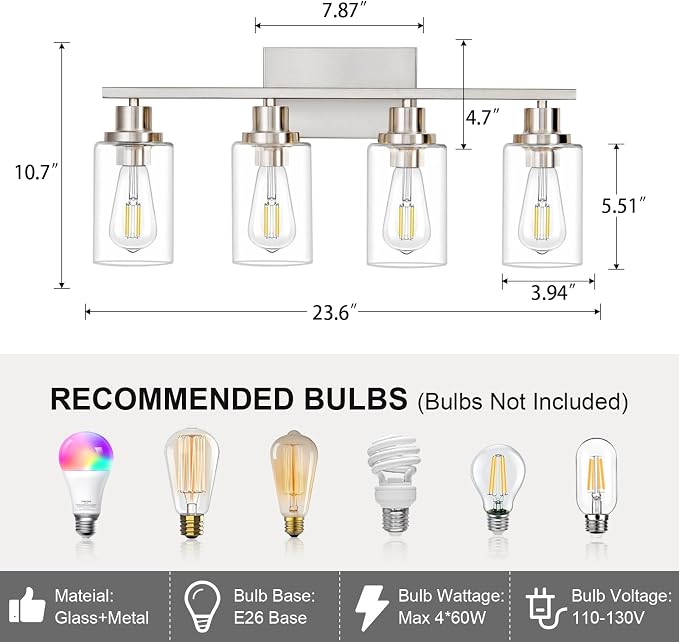 4 Light Bathroom Light Fixtures Brushed Nickel Vanity Light Over Mirror Modern - Image 3