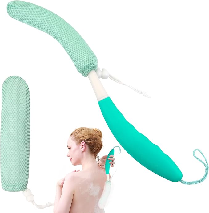 15.35" Back Bath Brush with Sponge, Back Scrubber Bath Mesh with Anti-Slip by KkaFFeHealth