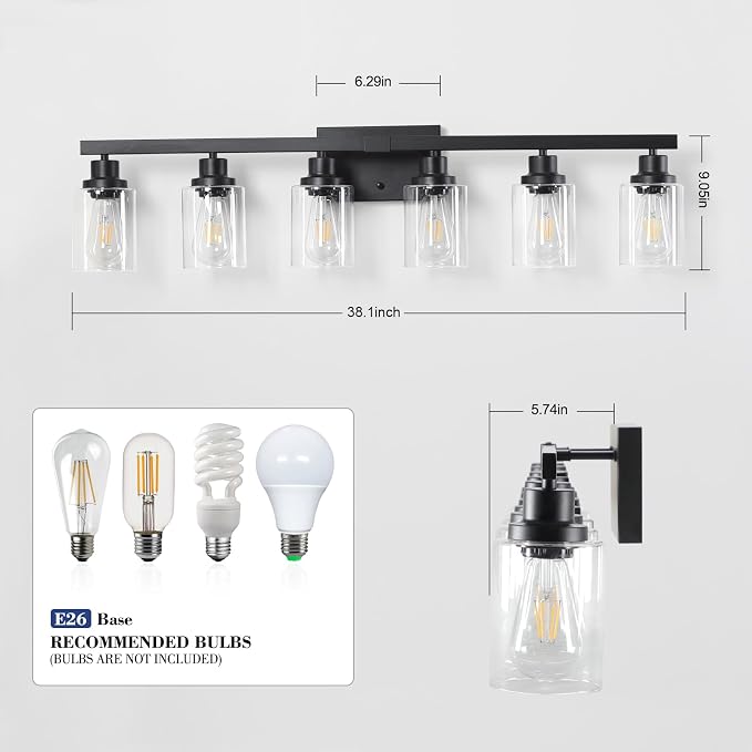 6-Light Black Vanity Lights 38'' Modern Bathroom Vanity Lighting Fixtures Above - Image 5