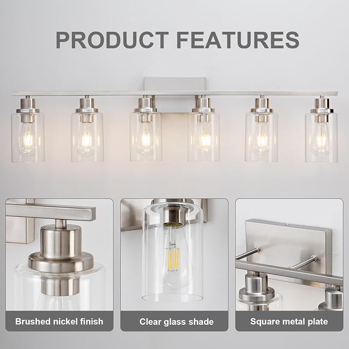 6 Light Bathroom Light Fixtures Brushed Nickel Vanity Light Over Mirror Modern - Image 7