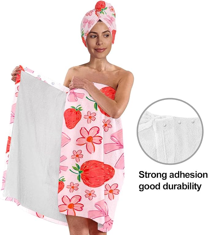 Strawberry Print Bath Wrap and Hair Drying Towel Set – Microfiber Quick Dry - Image 4