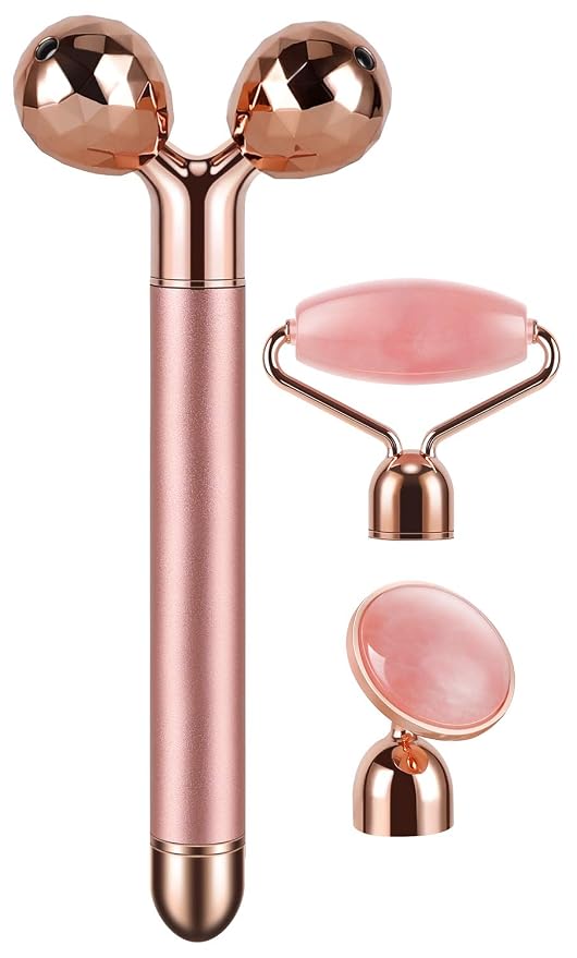 3-IN-1 Electric Jade Roller 3D Roller Facial Roller & Face Massager, Rose Quartz by DANGSHAN
