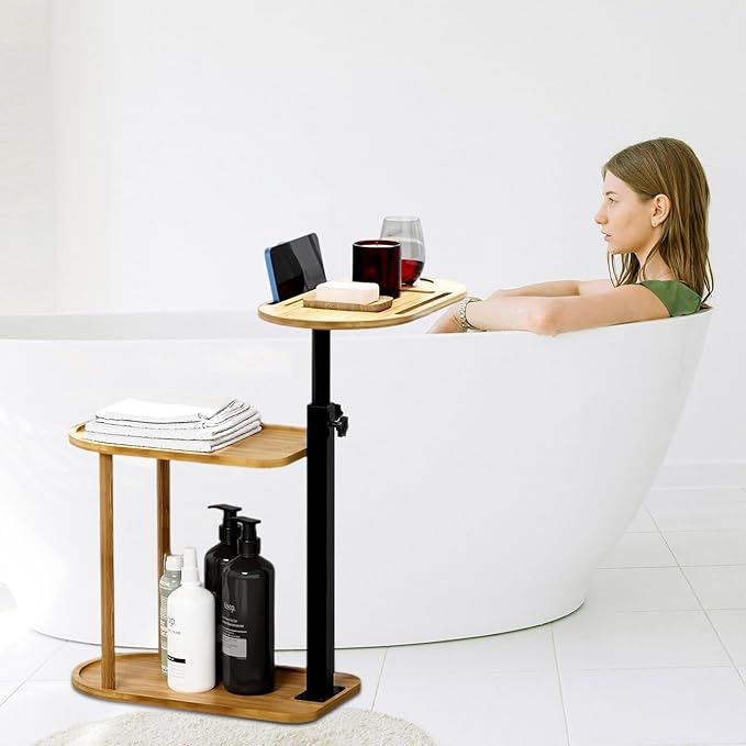 3 Layer Bathtub Tray Table, Bamboo Swivel Bathtub Side Table Height Adjustable by BeGyoku