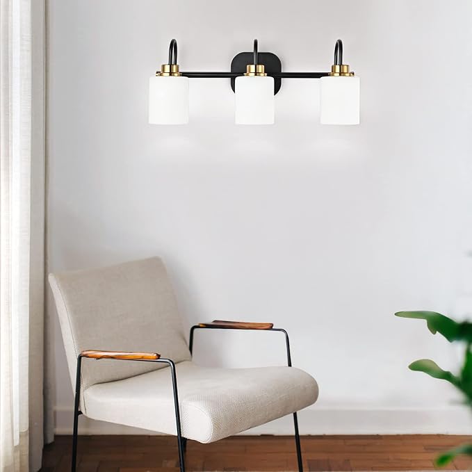 Mid Century Modern Matte Black and Gold 3 Lights Milky Glass Wall Light Fixture - Image 2