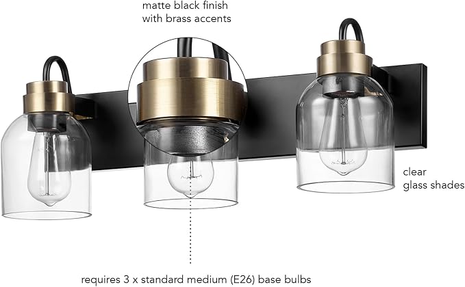 Globe Electric 63000200 22" 3-Light Vanity Light, Matte Black, Matte Brass - Image 7