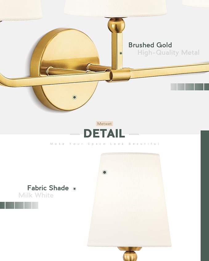 2 Light Bathroom Vanity Light, Brushed Gold Double Wall Sconce - Image 4