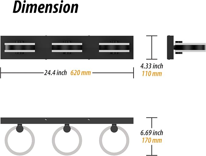 LED Bathroom Light Fixtures, 24inch Black Vanity Lights, Modern 3 Light Acrylic - Image 7
