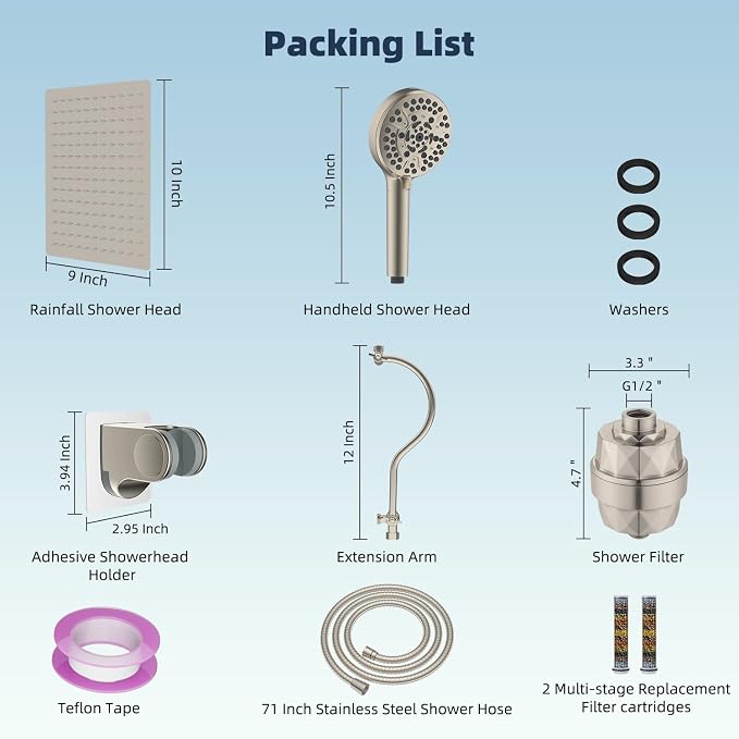 Hibbent All Metal 10'' Filtered Rainfall Shower Head Combo, High Pressure - Image 8
