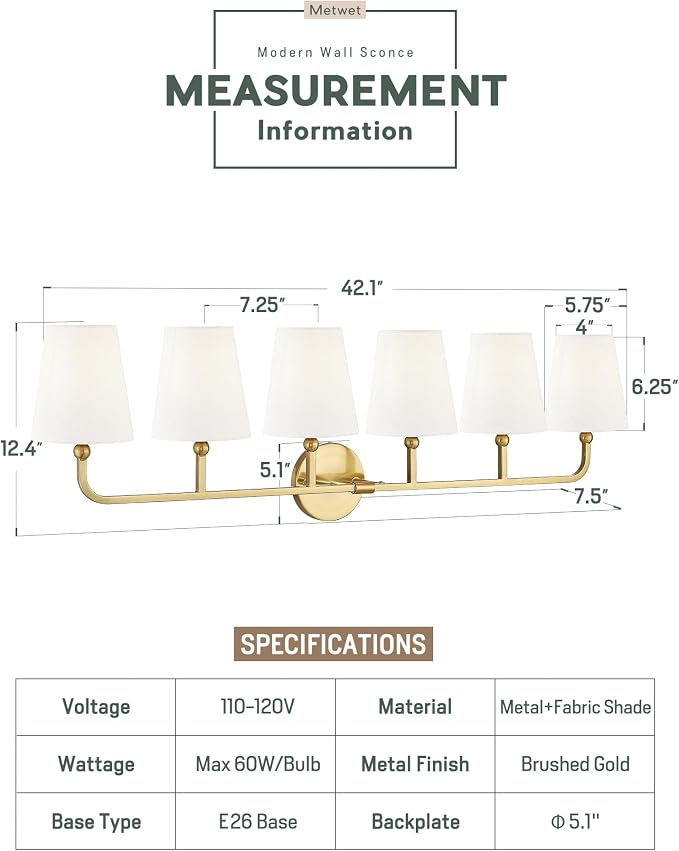 Bathroom Light Fixtures, 42 Inch Brushed Gold Vanity Lights - Image 3