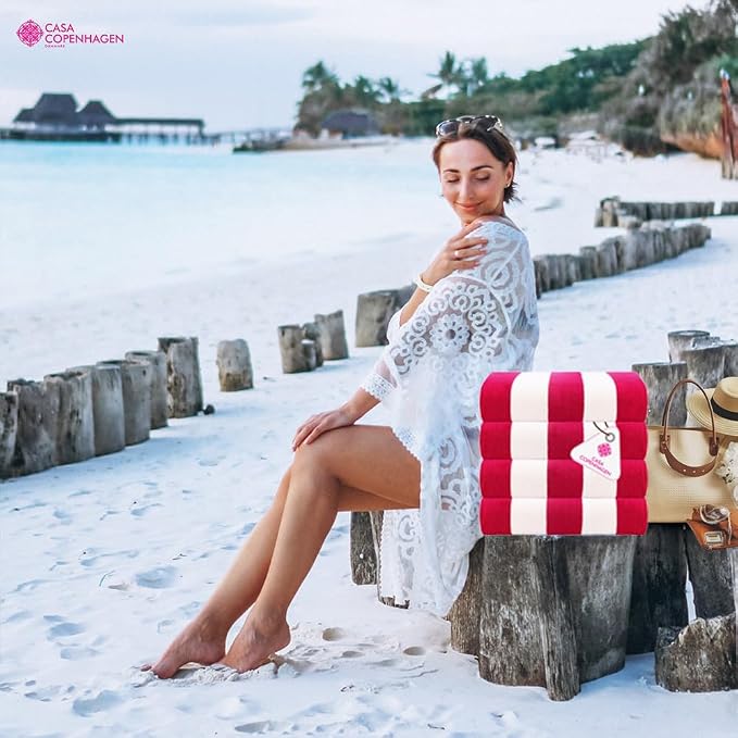 CASA COPENHAGEN Cabana Towel 4Pcs Rosy Designer Stripe Beach Towels Gift Set - Image 5