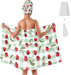Cherry Print Bath Wrap Skirt and Hair Drying Cap Set – Absorbent Microfiber - Image 2