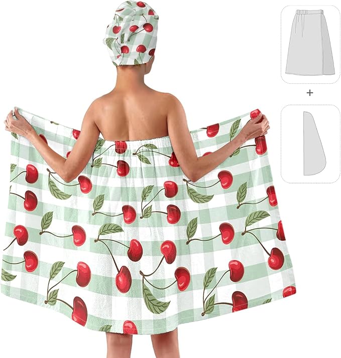 Cherry Print Bath Wrap Skirt and Hair Drying Cap Set – Absorbent Microfiber - Image 2