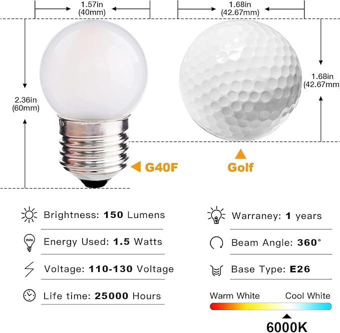 G40 1.5w Dim Led Bulb Equivalent 15 Watt Light Bulbs, Standard E26 Base Frosted - Image 2