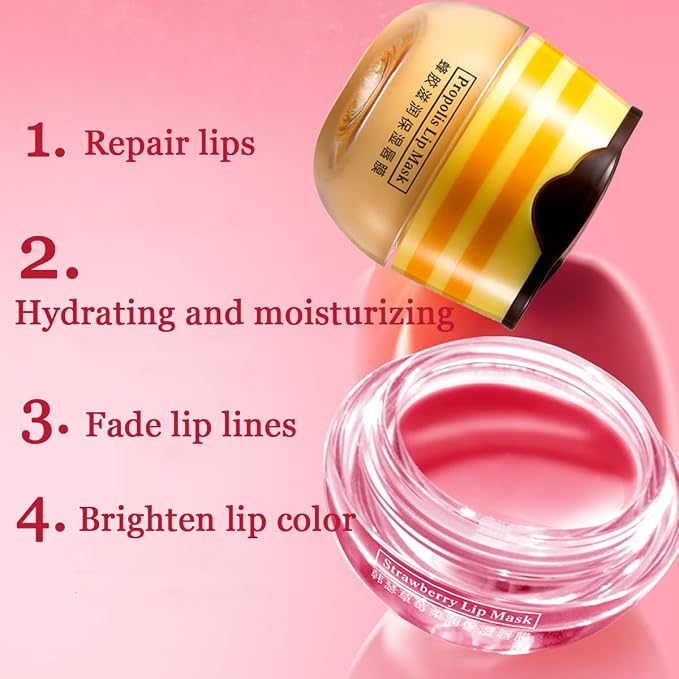 2 Pcs Bee Lip Balm Honey Pot, Honey & Strawberry Lip Mask Propolis Moisturizing - Image 5