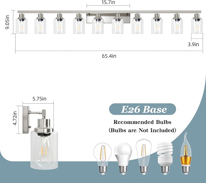 Brushed Nickel Bathroom Vanity Light, 10-Light Vanity Lights - Image 3