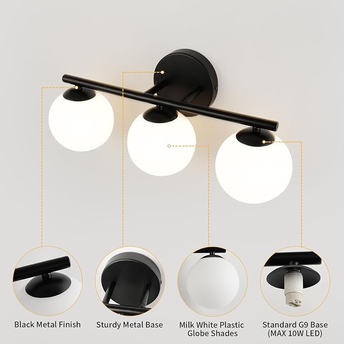Black Globe Bathroom Light Fixtures 3-Light Vanity Light - Image 7