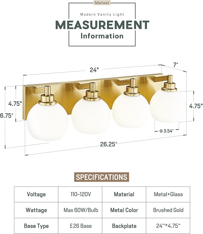 Bathroom Light Fixtures, 4 Light Brushed Gold Vanity Light, 26 Inch Modern Wall - Image 4