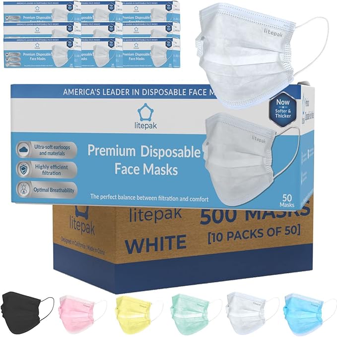 Litepak 500pcs Premium Disposable Face Mask SOFT 3ply Nose Wire by Litepak