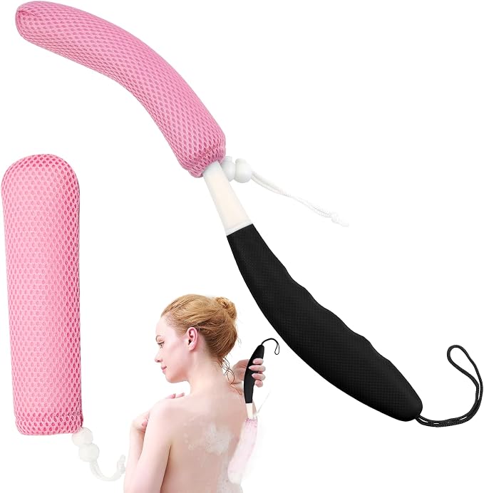 15.35" Back Bath Brush with Sponge, Back Scrubber Bath Mesh with Curved Long by KkaFFeHealth
