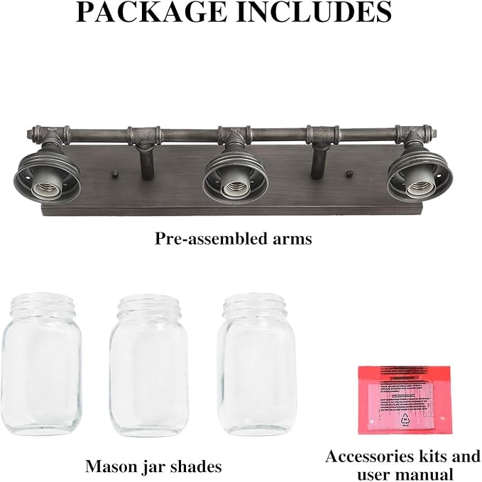 LNC 24'' Large Bathroom Light Fixtures, Industrial 3 Mason Jar Vanity Light - Image 4
