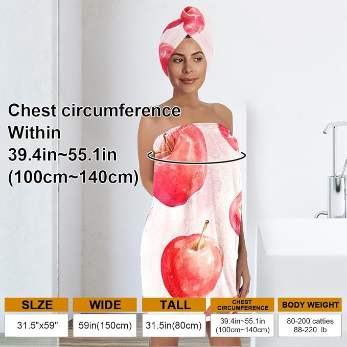 Women’s Watercolor Apple Bath Wrap and Hair Towel Set, Soft Absorbent - Image 3