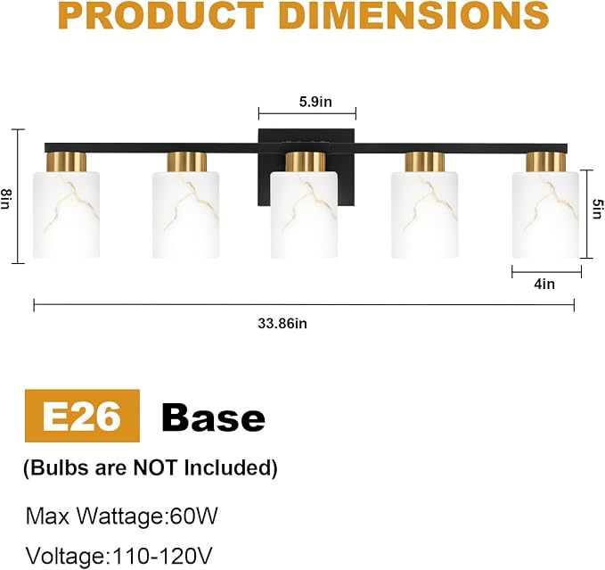 5-Light Bathroom Light Fixtures, Modern Vanity Lights, Living Room, E26 Base - Image 2