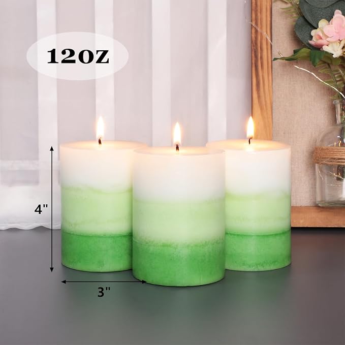 Pillar Candles 3x4 Inch Eucalyptus Scented Hand-Poured Layered Green Gradient - Image 3