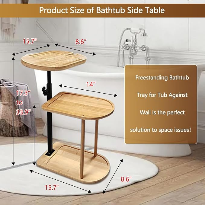 3 Layer Bathtub Tray Table, Bamboo Swivel Bathtub Side Table Height Adjustable - Image 6