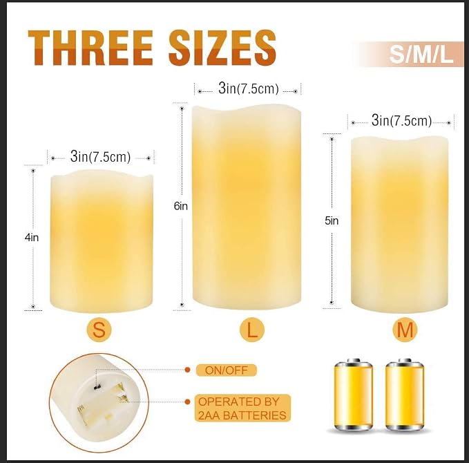 Flameless Flickering LED Battery Candles :Set of 3 Ivory Real Wax Pillar - Image 6