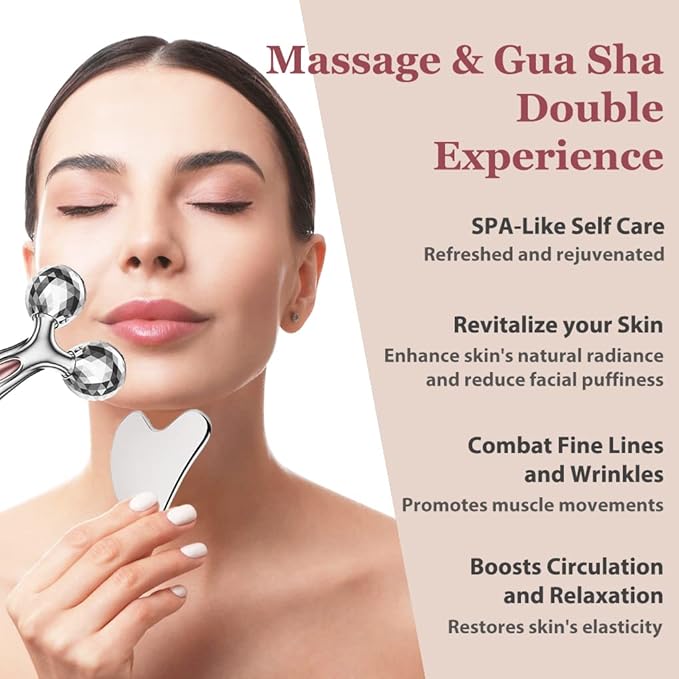 Stainless Steel Gua Sha and Face Roller Set, Facial Tool - Image 2