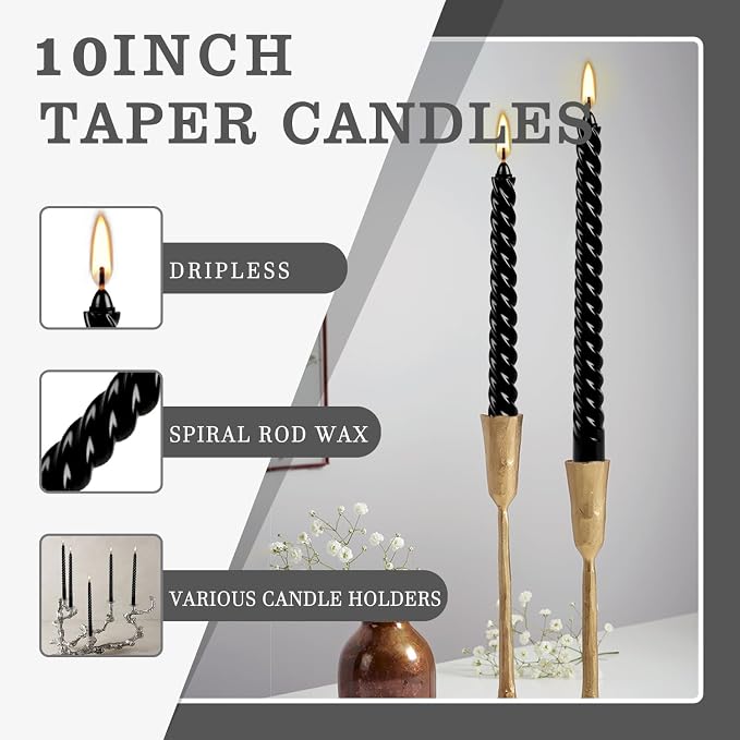WPONSZU 10 Inch Black Spiral Taper Candle Set, 12 Pack Unscented Dripless - Image 7