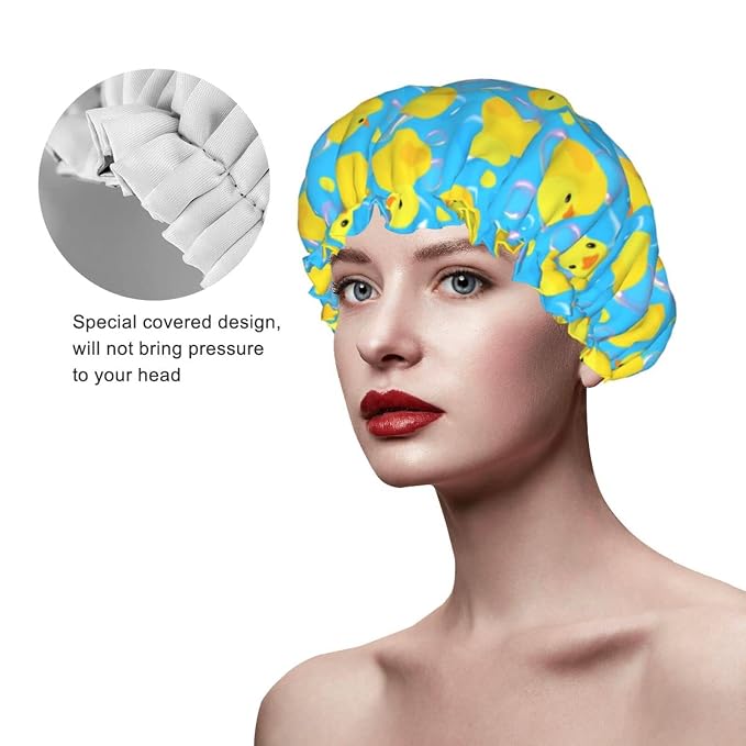 Yellow Rubber Ducks Shower Cap For Women Adjustable Double Waterproof Layers - Image 4