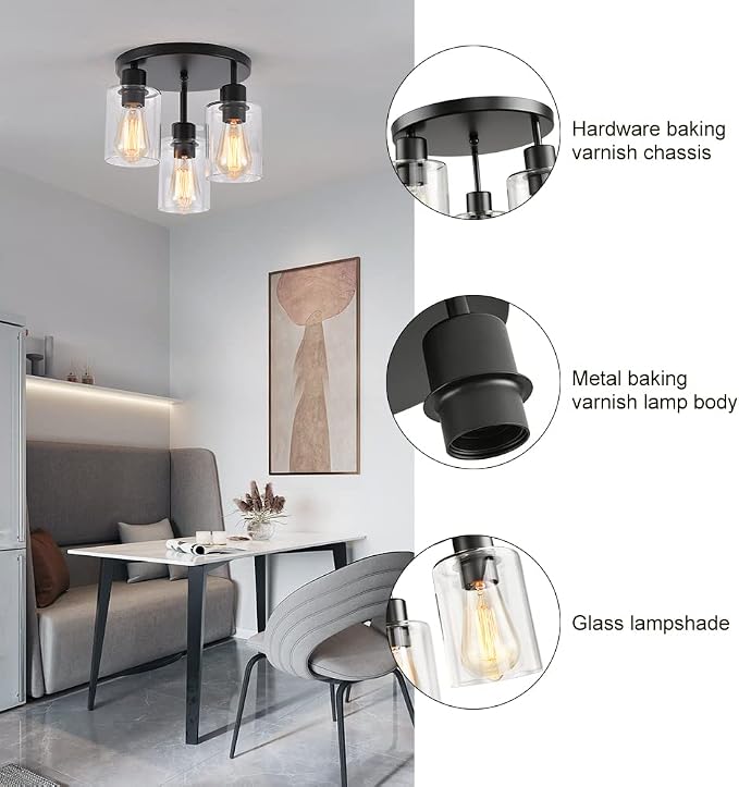 3-Light Industrial Farmhouse Black Matte Light Fixtures Ceiling Mount, - Image 5
