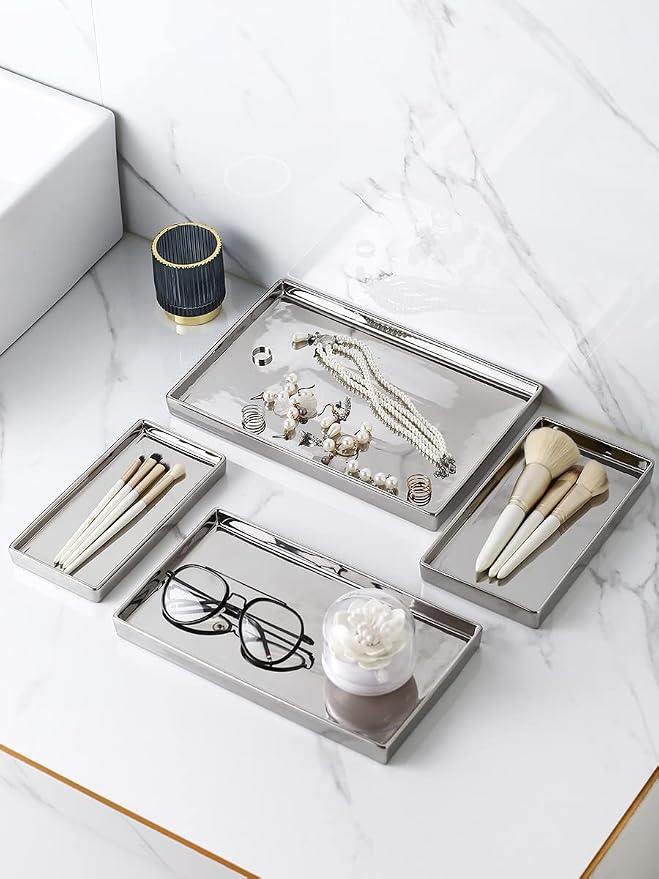 Jewelry Holder Ceramic Trinket Tray Rectangte Vanity Makeup Mirror Tray Silvery - Image 9