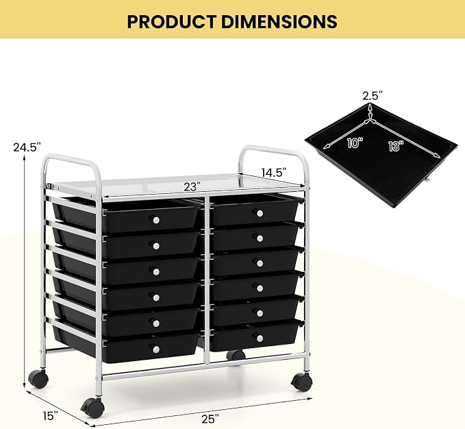 Giantex 12 Drawers Rolling Cart, Mobile Storage Drawer Cart, Classroom - Image 3