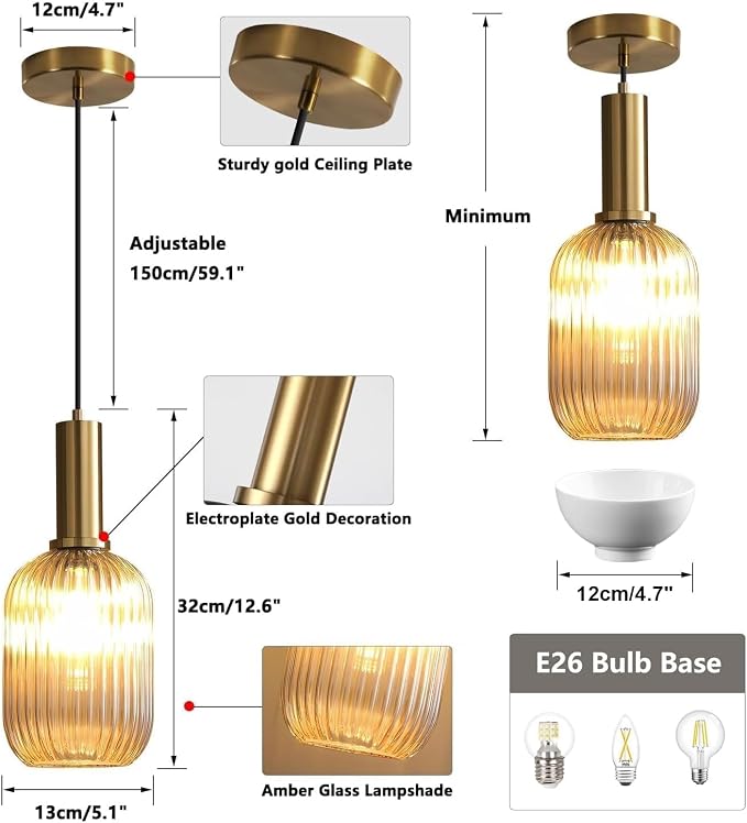 KCO Lighting 1-Light Amber Glass Ceiling Light Fixture Vintage Striped Glass - Image 2